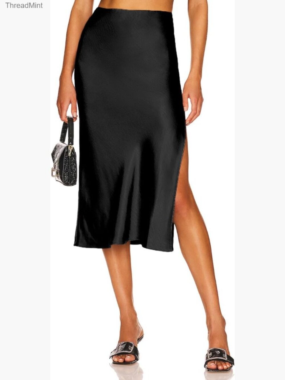 Midi Silk Skirt High Waist Side Split Ruffle A-line Satin Long Skirt